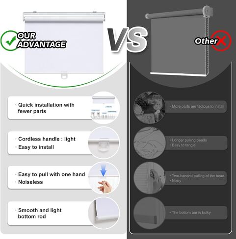 AOSKY ستائر تعتيم دوارة لاسلكية لتعتيم غرفة النوافذ، ظلال ملفوفة مع نظام زنبركي، ستائر نوافذ للحماية من الأشعة فوق البنفسجية للمنزل والمكتب (23 بوصة عرض × 72 بوصة ارتفاع، أبيض) in Kuwait