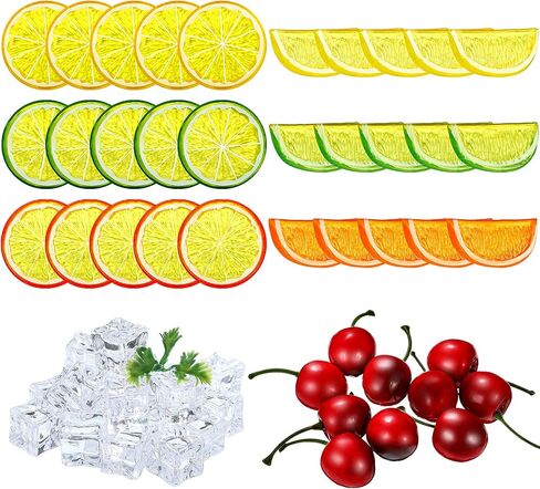 90 Pieces Fake Fruits Ice Cube Set, Including 30 Simulation Lemon Slice Lemon Lime Slice 50 Clear Acrylic Ice Cube 10 Artificial Cherry Fruit Model for Home Decor Wedding Vase Filler Photo Prop in Saudi Arabia