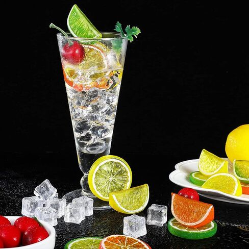 90 Pieces Fake Fruits Ice Cube Set, Including 30 Simulation Lemon Slice Lemon Lime Slice 50 Clear Acrylic Ice Cube 10 Artificial Cherry Fruit Model for Home Decor Wedding Vase Filler Photo Prop in Saudi Arabia