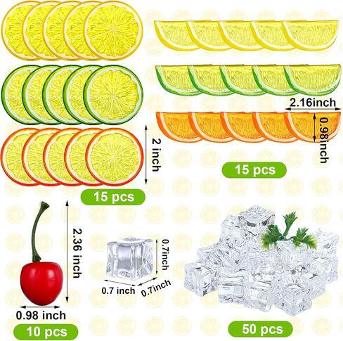90 Pieces Fake Fruits Ice Cube Set, Including 30 Simulation Lemon Slice Lemon Lime Slice 50 Clear Acrylic Ice Cube 10 Artificial Cherry Fruit Model for Home Decor Wedding Vase Filler Photo Prop in Saudi Arabia