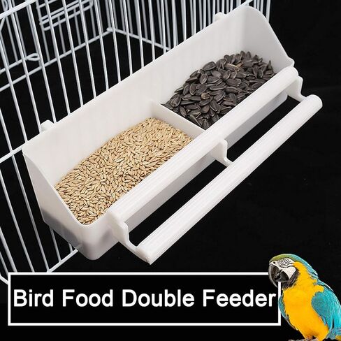 Lucky Interests 2pcs Bird Feeder, Pet Bird Food Double Plastic Seed Water Feeder Dispenser Standing Frame Plastic Food Feeder Cup for Parrots Cockatiel Pigeon Sparrow Bird Cage Bowl with 2 Bird Spoons in Kuwait