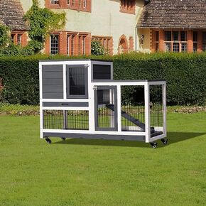 Lifeand 43''L Removable Tray Ramp Wooden Outdoor Rabbit Hutch Small Animal Coop with Running Cage with Enclosed Run with Wheels, Ramp, Removable Tray Ideal,Gray in Kuwait