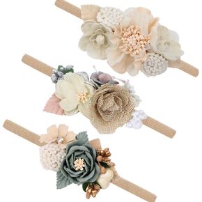 PABOBIT Baby Girl Flower Nylon Headband-Elastic Hair Band Handmade Bow For Newborn Infant Toddler Pack of 3 (Multicoloured)