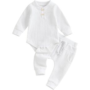 Kuriozud Newborn Baby Boy Clothes Button Long Sleeve Romper Bodysuit Pants Set Infant Soft Waffle Fall Winter Outfit