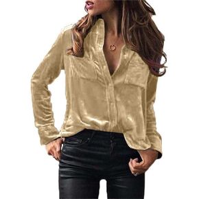 Chvity Velvet Tops for Women Vintage Long Sleeve Button Down Shirts Blouse for Pocket in Kuwait