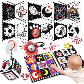 ToyUnited 4 قطع ألعاب أطفال من عمر 0 ​​إلى 3 أشهر، ألعاب حديثي الولادة باللونين الأبيض والأسود عالية التباين لتطوير الدماغ، ألعاب وقت البطن، ألعاب مونتيسوري للأطفال ألعاب كتاب مجعدة حسية ناعمة من عمر 6 إلى 12 شهرًا in Kuwait