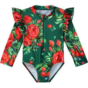 ملابس سباحة XFGIRLS للفتيات الصغيرات قطعة واحدة مكشكشة وأكمام طويلة بدلة استحمام لطيفة مع سحاب in Kuwait