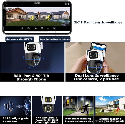 كاميرا أمان COOLUS خارجية بدقة 4 ميجابكسل 2K مزدوجة العدسة مع كاميرا واي فاي PTZ بزاوية 360 درجة لأمن المنزل بالخارج، IP66، رؤية ليلية ملونة، محادثة ثنائية الاتجاه، كشف الحركة، متوافقة مع Alexa in Kuwait