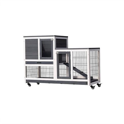 Lifeand 43''L Removable Tray Ramp Wooden Outdoor Rabbit Hutch Small Animal Coop with Running Cage with Enclosed Run with Wheels, Ramp, Removable Tray Ideal,Gray in Kuwait