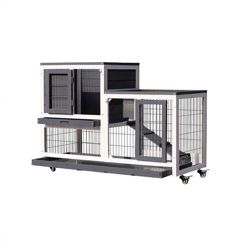 Lifeand 43''L Removable Tray Ramp Wooden Outdoor Rabbit Hutch Small Animal Coop with Running Cage with Enclosed Run with Wheels, Ramp, Removable Tray Ideal,Gray in Kuwait