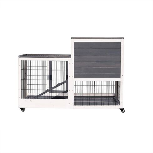 Lifeand 43''L Removable Tray Ramp Wooden Outdoor Rabbit Hutch Small Animal Coop with Running Cage with Enclosed Run with Wheels, Ramp, Removable Tray Ideal,Gray in Kuwait