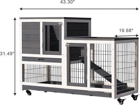 Lifeand 43''L Removable Tray Ramp Wooden Outdoor Rabbit Hutch Small Animal Coop with Running Cage with Enclosed Run with Wheels, Ramp, Removable Tray Ideal,Gray in Kuwait