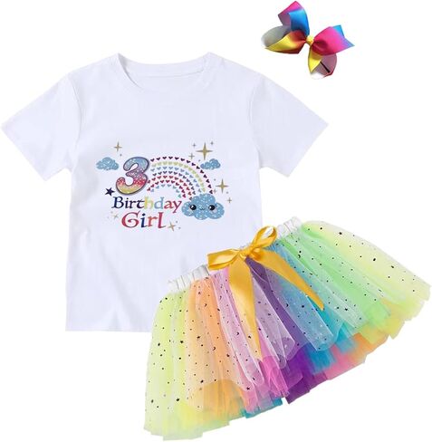 Zusnxaxe ملابس الفتيات الصغيرات بألوان قوس قزح لعيد الميلاد الأول رومبير + تنورة توتو للرضع + عصابة رأس ملابس الصيف كعكة سحق الصور تبادل لاطلاق النار in Kuwait