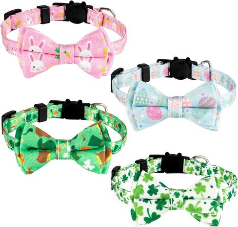 Whaline 4 Pack St. Patrick's Day & Easter Cat Collar with Bowknot and Bell Shamrock Bunny Rabbit Egg Pattern Safety Breakaway Adjustable Pet Collars for Cat Kitten Puppy in Saudi Arabia