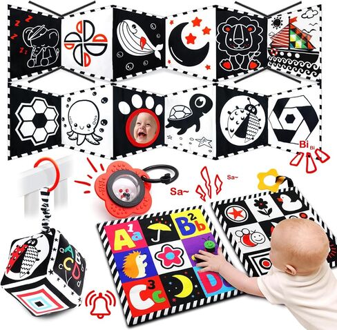 ToyUnited 4 قطع ألعاب أطفال من عمر 0 ​​إلى 3 أشهر، ألعاب حديثي الولادة باللونين الأبيض والأسود عالية التباين لتطوير الدماغ، ألعاب وقت البطن، ألعاب مونتيسوري للأطفال ألعاب كتاب مجعدة حسية ناعمة من عمر 6 إلى 12 شهرًا in Kuwait