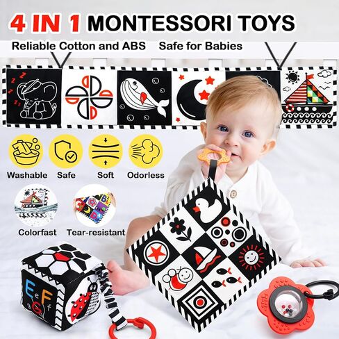 ToyUnited 4 قطع ألعاب أطفال من عمر 0 ​​إلى 3 أشهر، ألعاب حديثي الولادة باللونين الأبيض والأسود عالية التباين لتطوير الدماغ، ألعاب وقت البطن، ألعاب مونتيسوري للأطفال ألعاب كتاب مجعدة حسية ناعمة من عمر 6 إلى 12 شهرًا in Kuwait