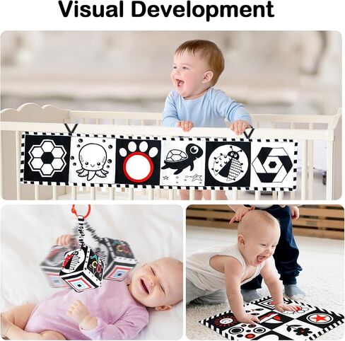 ToyUnited 4 قطع ألعاب أطفال من عمر 0 ​​إلى 3 أشهر، ألعاب حديثي الولادة باللونين الأبيض والأسود عالية التباين لتطوير الدماغ، ألعاب وقت البطن، ألعاب مونتيسوري للأطفال ألعاب كتاب مجعدة حسية ناعمة من عمر 6 إلى 12 شهرًا in Kuwait