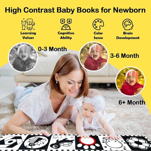 ToyUnited 4 قطع ألعاب أطفال من عمر 0 ​​إلى 3 أشهر، ألعاب حديثي الولادة باللونين الأبيض والأسود عالية التباين لتطوير الدماغ، ألعاب وقت البطن، ألعاب مونتيسوري للأطفال ألعاب كتاب مجعدة حسية ناعمة من عمر 6 إلى 12 شهرًا in Kuwait