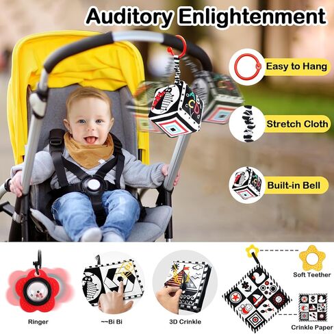 ToyUnited 4 قطع ألعاب أطفال من عمر 0 ​​إلى 3 أشهر، ألعاب حديثي الولادة باللونين الأبيض والأسود عالية التباين لتطوير الدماغ، ألعاب وقت البطن، ألعاب مونتيسوري للأطفال ألعاب كتاب مجعدة حسية ناعمة من عمر 6 إلى 12 شهرًا in Kuwait