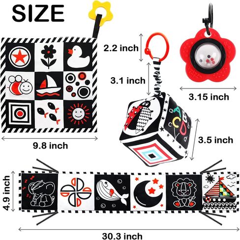 ToyUnited 4 قطع ألعاب أطفال من عمر 0 ​​إلى 3 أشهر، ألعاب حديثي الولادة باللونين الأبيض والأسود عالية التباين لتطوير الدماغ، ألعاب وقت البطن، ألعاب مونتيسوري للأطفال ألعاب كتاب مجعدة حسية ناعمة من عمر 6 إلى 12 شهرًا in Kuwait