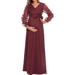 فستان حمل شبكي بأكمام منتفخة مزين بالزهور، فستان طويل للحمل لالتقاط الصور في حفل استقبال المولود الجديد in Kuwait