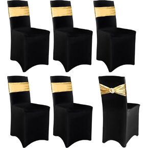 Frienda 12 Pieces Black Chair Cover Stretch Spandex Chair Slipcovers and Stretch Chair Sash with Round Buckle for Graduation Prom Party Banquet Holidays Celebration (Black and Gold)