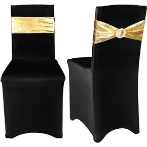 Frienda 12 Pieces Black Chair Cover Stretch Spandex Chair Slipcovers and Stretch Chair Sash with Round Buckle for Graduation Prom Party Banquet Holidays Celebration (Black and Gold)