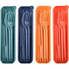 Reusable Utensils Set with Case, 4 Sets Plastic Spoons and Forks Set | Camping Utensil Set, Travel Cutlery Set Lunch Box Accessories for Lunch Box, School or Daily Use in Saudi Arabia