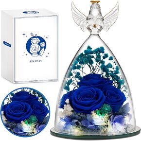 Mothers Day Rose Gifts for Mom, Preserved Flower Gifts for Grandma, 4 Blue Roses in Glass Angel Figurines with LED Light for Women, Mom gifts from Daughter, Ideal Mother's Day, Birthday Gifts for Her in Kuwait