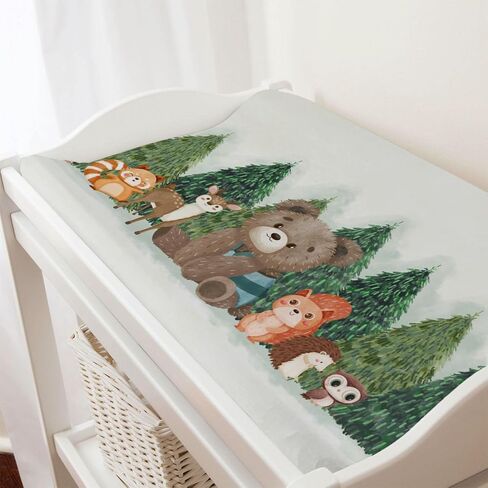 Woodland Animals Green Forest Changing Pad Covers Bear Raccoon Squirrel Deer Rabbit Hedgehog Owl Trees Diaper Change Table Cover Sheets for Boys Girls Soft Stretch Changing Table Mats 32''x16'' in Saudi Arabia
