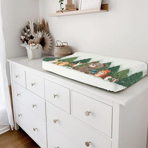 Woodland Animals Green Forest Changing Pad Covers Bear Raccoon Squirrel Deer Rabbit Hedgehog Owl Trees Diaper Change Table Cover Sheets for Boys Girls Soft Stretch Changing Table Mats 32''x16'' in Saudi Arabia