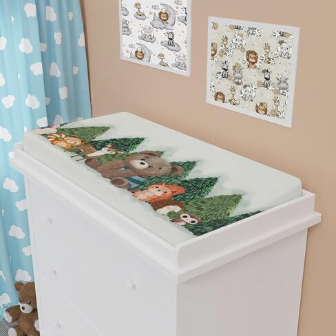 Woodland Animals Green Forest Changing Pad Covers Bear Raccoon Squirrel Deer Rabbit Hedgehog Owl Trees Diaper Change Table Cover Sheets for Boys Girls Soft Stretch Changing Table Mats 32''x16'' in Saudi Arabia