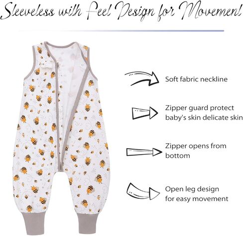 كيس نوم للأطفال بأرجل، كيس نوم للأطفال بدون أكمام TOG 0.5، بطانية ناعمة يمكن ارتداؤها بدون أقدام، كيس نوم مصنوع من القطن بنسبة 100% للأطفال الصغار الأولاد والبنات (أبيض، نحل، L(3T-4T)) in Kuwait