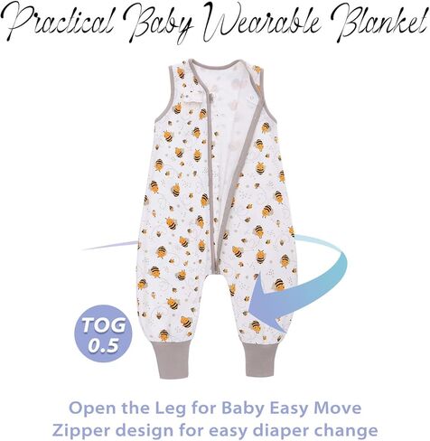 كيس نوم للأطفال بأرجل، كيس نوم للأطفال بدون أكمام TOG 0.5، بطانية ناعمة يمكن ارتداؤها بدون أقدام، كيس نوم مصنوع من القطن بنسبة 100% للأطفال الصغار الأولاد والبنات (أبيض، نحل، L(3T-4T)) in Kuwait