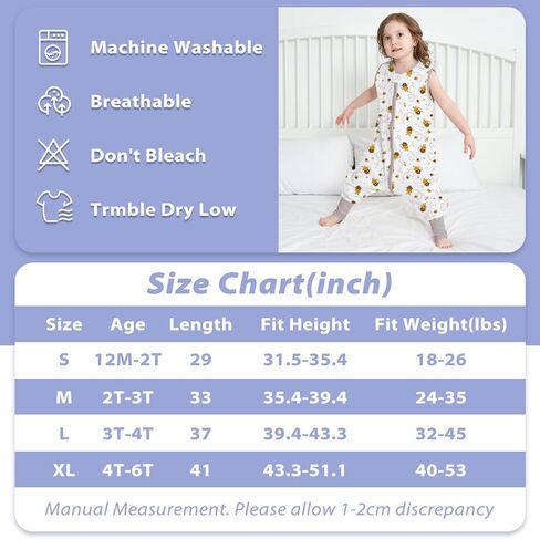 كيس نوم للأطفال بأرجل، كيس نوم للأطفال بدون أكمام TOG 0.5، بطانية ناعمة يمكن ارتداؤها بدون أقدام، كيس نوم مصنوع من القطن بنسبة 100% للأطفال الصغار الأولاد والبنات (أبيض، نحل، L(3T-4T)) in Kuwait