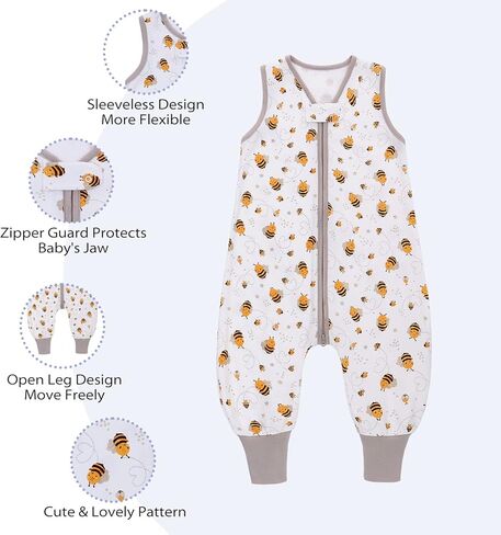 كيس نوم للأطفال بأرجل، كيس نوم للأطفال بدون أكمام TOG 0.5، بطانية ناعمة يمكن ارتداؤها بدون أقدام، كيس نوم مصنوع من القطن بنسبة 100% للأطفال الصغار الأولاد والبنات (أبيض، نحل، L(3T-4T)) in Kuwait