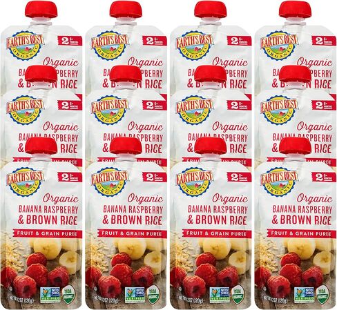 أكياس أغذية الأطفال العضوية من Earth's Best، هريس الفاكهة والحبوب للمرحلة الثانية للأطفال بعمر 6 أشهر فما فوق، هريس الموز العضوي والتوت والأرز البني، كيس قابل للإغلاق 4.2 أونصة (عبوة من 8 قطع) in Kuwait