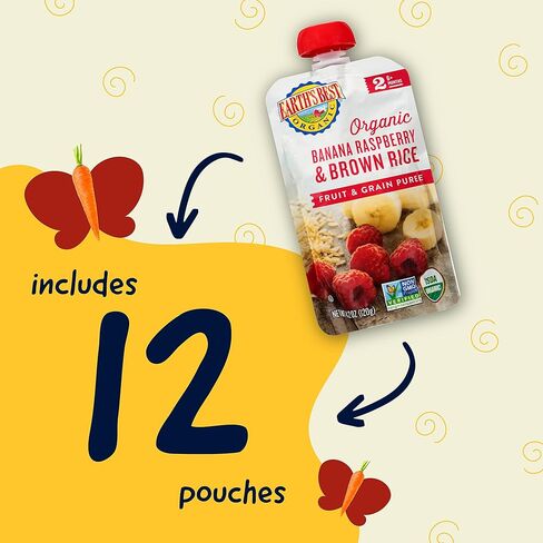 أكياس أغذية الأطفال العضوية من Earth's Best، هريس الفاكهة والحبوب للمرحلة الثانية للأطفال بعمر 6 أشهر فما فوق، هريس الموز العضوي والتوت والأرز البني، كيس قابل للإغلاق 4.2 أونصة (عبوة من 8 قطع) in Kuwait