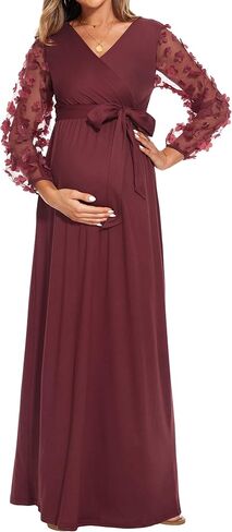 فستان حمل شبكي بأكمام منتفخة مزين بالزهور، فستان طويل للحمل لالتقاط الصور في حفل استقبال المولود الجديد in Kuwait