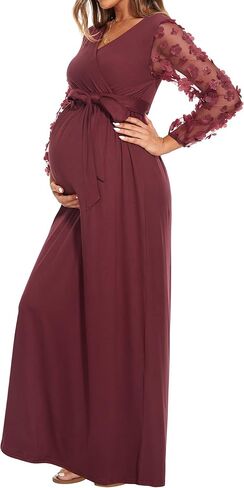 فستان حمل شبكي بأكمام منتفخة مزين بالزهور، فستان طويل للحمل لالتقاط الصور في حفل استقبال المولود الجديد in Kuwait