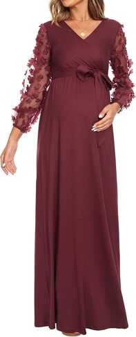 فستان حمل شبكي بأكمام منتفخة مزين بالزهور، فستان طويل للحمل لالتقاط الصور في حفل استقبال المولود الجديد in Kuwait