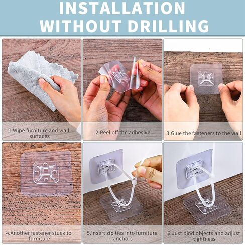 60 Pcs Furniture Anchors for Baby Proofing, No Drill Upgraded Furniture Wall Anchor Anti Tip Furniture Anchors with 60 Pcs Nylon Straps Prevent Falling for Child Safety in Kuwait