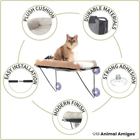 مجثم نافذة للقطط من Animal Amigos، أرجوحة نافذة للقطط - للقطط والقطط الكبيرة، لحمامات الشمس والقيلولة والإطلالة - دعم إطار معدني بنسبة 100% من الأسفل، مع سرير قطيفة للحيوانات الأليفة وأكواب شفط قوية in Saudi Arabia