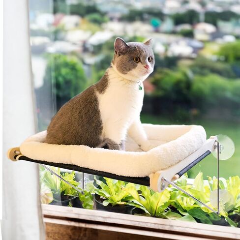 Docabu Cat Window Perch with Metal Support Frame Underneath (Cushion Included), Comfy & Spacious Cat Hammock with 4 Strong Suction Cups, Cat Window Hammock for Sunbathing, Napping and Overlooking in Kuwait