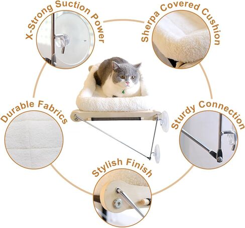 Docabu Cat Window Perch with Metal Support Frame Underneath (Cushion Included), Comfy & Spacious Cat Hammock with 4 Strong Suction Cups, Cat Window Hammock for Sunbathing, Napping and Overlooking in Kuwait