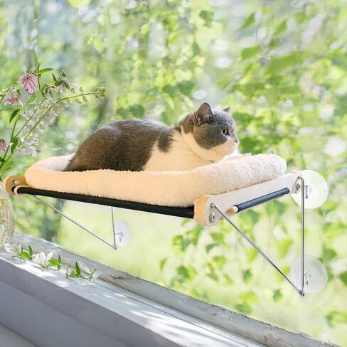 Docabu Cat Window Perch with Metal Support Frame Underneath (Cushion Included), Comfy & Spacious Cat Hammock with 4 Strong Suction Cups, Cat Window Hammock for Sunbathing, Napping and Overlooking in Kuwait