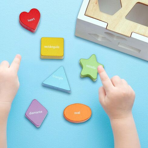 مكعب فرز ثنائي اللغة للأشكال الذكية - ألعاب مكعبة للأنشطة لتعلم الأطفال الصغار باللغتين الإنجليزية والإسبانية - مكعبات ملونة في صندوق فرز بأشكال خشبية - لغز تعليمي للأطفال من سن 12 شهرًا فما فوق in Kuwait