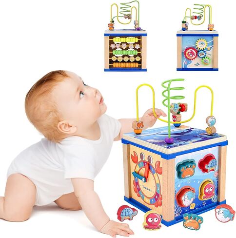 LMYzhijia ألعاب خشبية مكعبة للأنشطة 5 في 1 لعبة خشبية للأطفال هدية عيد ميلاد أول طفل تنموي تعليمي ألعاب للأولاد 36 شهرًا حتى ألعاب مونتيسوري مع فارز على شكل متاهة من الخرز in Kuwait