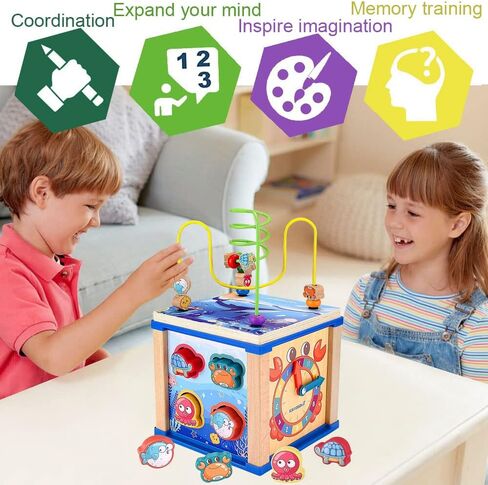 LMYzhijia ألعاب خشبية مكعبة للأنشطة 5 في 1 لعبة خشبية للأطفال هدية عيد ميلاد أول طفل تنموي تعليمي ألعاب للأولاد 36 شهرًا حتى ألعاب مونتيسوري مع فارز على شكل متاهة من الخرز in Kuwait