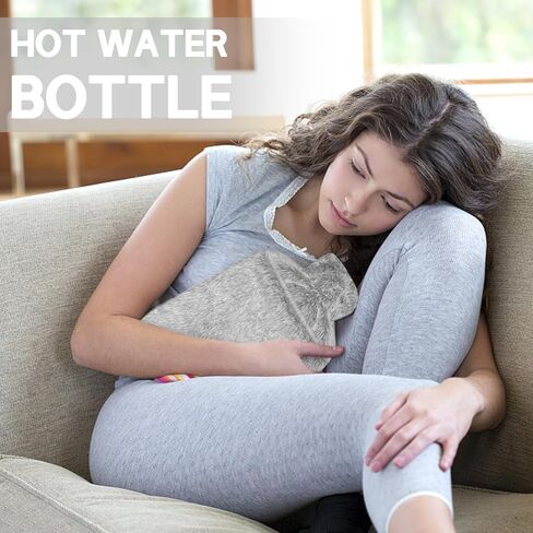 زجاجة ماء ساخن مطاطية من كاتيسيمو، كيس ماء ساخن سعة 2 لتر مع أغطية ناعمة قابلة للإزالة، زجاجة مياه ساخنة أو باردة من المطاط الكلاسيكي الفاخر لتشنجات الدورة الشهرية وتخفيف آلام الرقبة والكتف (رمادي) in Kuwait
